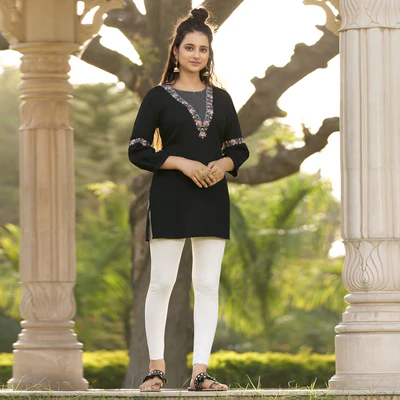 Black Floral Embroidered Rayon Top