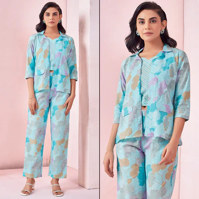 Sky Blue Floral Printed Pure Cotton Co-ord Set With Jacket