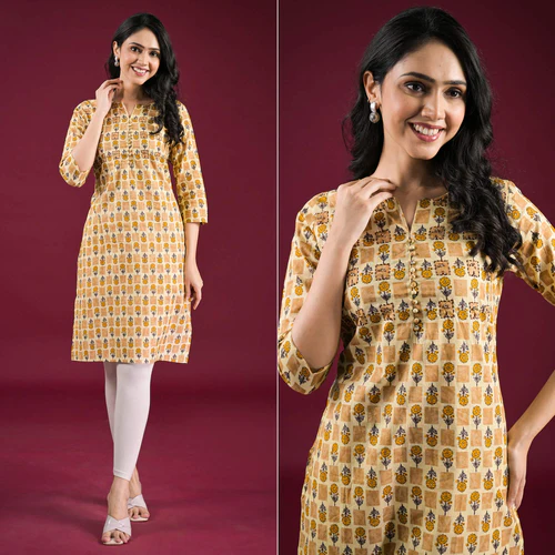Mustard Floral Printed Pure Cotton Straight Kurti