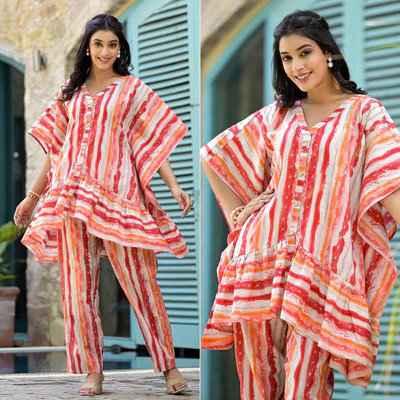 Red Foil Printed Cambric Cotton Kaftan Style Co-Ord Set