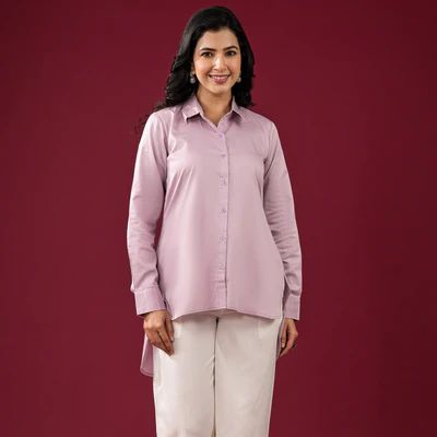 Lavender Solid Satin High-Low Shirt