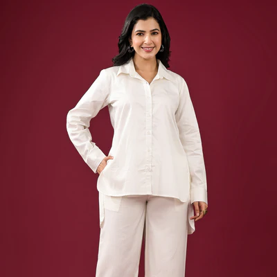 Off White Solid Satin High-Low Shirt