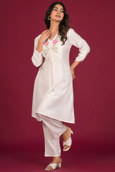 White Neck Embroidered Viscose Top Bottom Set