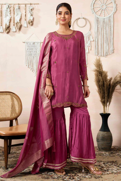 Rust Zardosi Work Embroidered Pure Chinon Sharara Suit