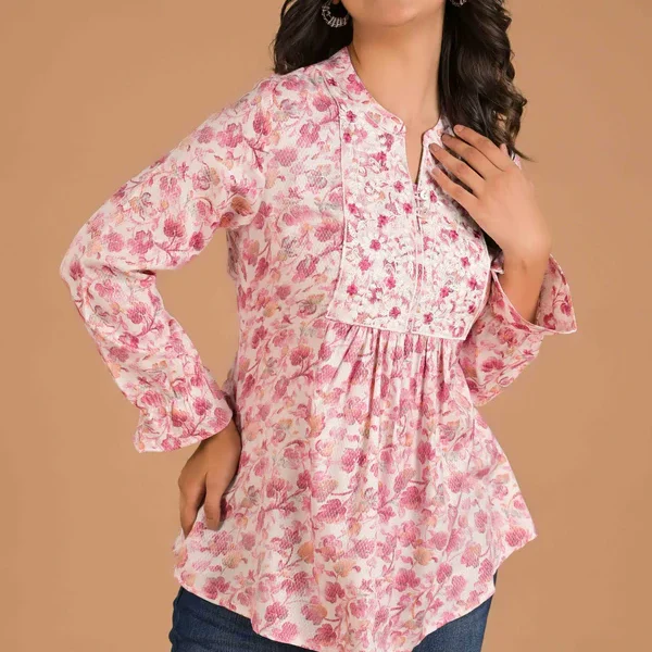 Light Peach Floral Embroidered Rayon A-Line Top