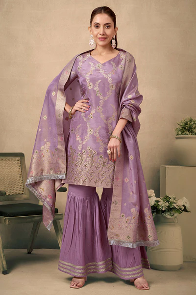 Mauve Floral Zari Woven Jacquard Sharara Suit With Exquisite Handwork