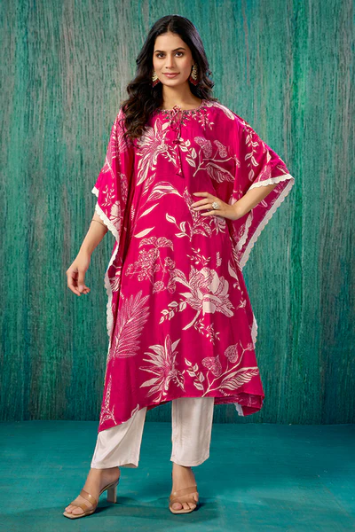 Pink Floral Printed Muslin Kaftan Top Bottom Set