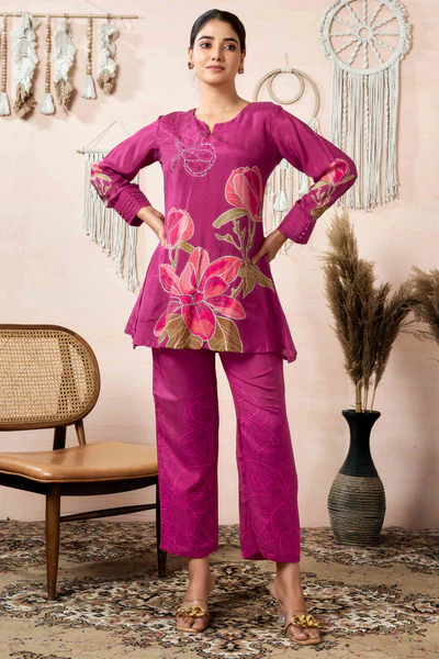 Mulberry Wine Beads Work Digital Printed Muslin Co-Ord Set