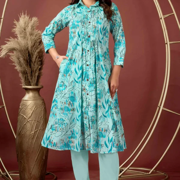 Light Blue Floral Printed Pure Cotton A-Line Kurti