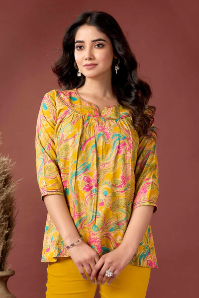 Mustard Abstract Printed Rayon Tunic Top