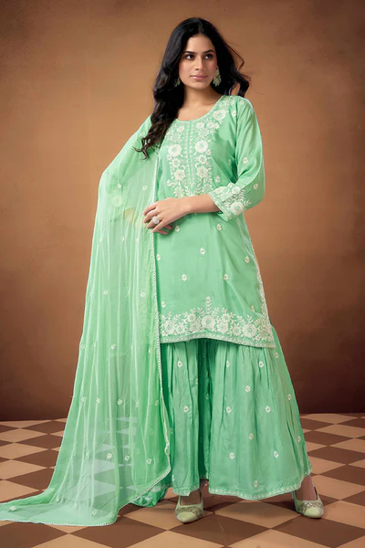 Sea Green Floral Embroidered Muslin Straigth Sharara Suit