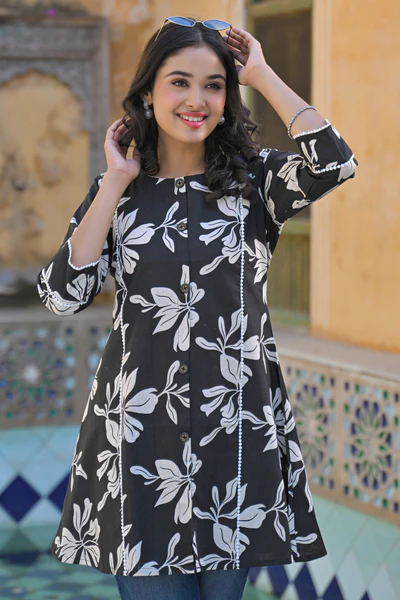 Black Floral Printed Pure Cotton A-Line Top