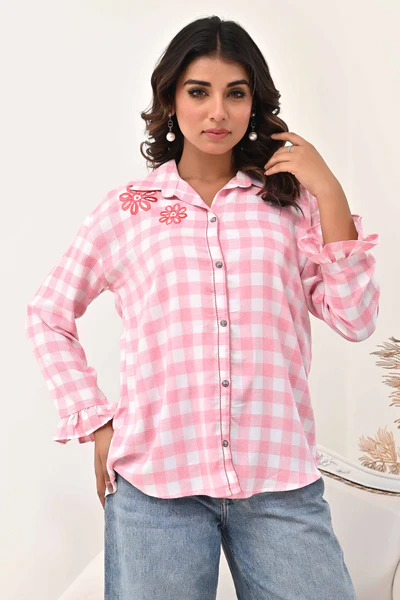 Pure Cotton Peach Top with All-Over Checks and Detailed Floral Embroidery