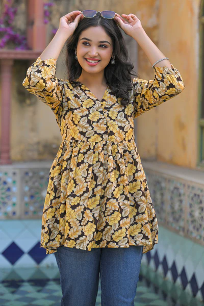 Brown Floral Printed Rayon A-Line Top