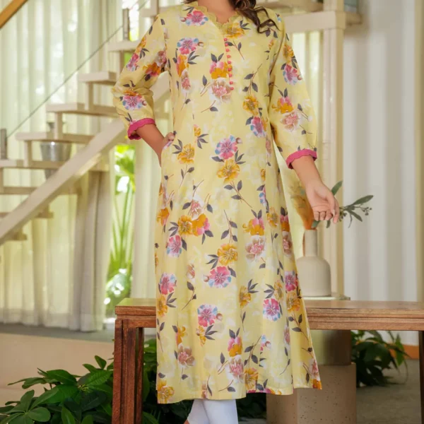 Pure Cotton Yellow Kurti with Feminine Floral Prints and Straight Cut Design