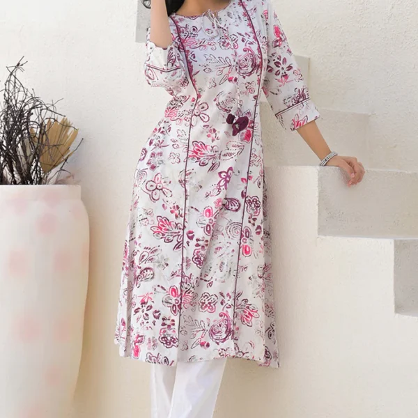 Off White Rayon A-line Kurti With Artistic Floral Prints