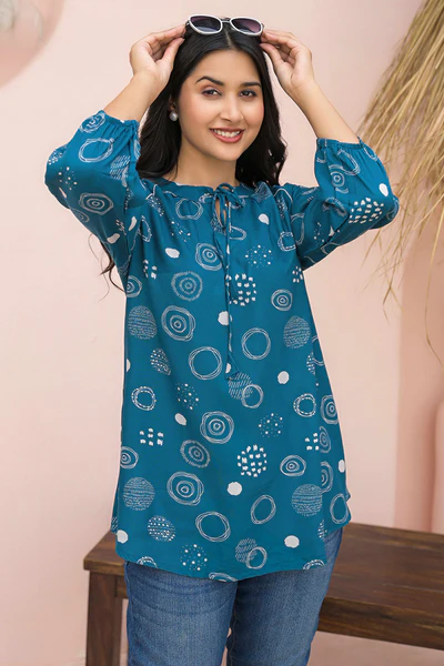 Trendy Blue Straight-Cut Rayon Top with All-Over Print