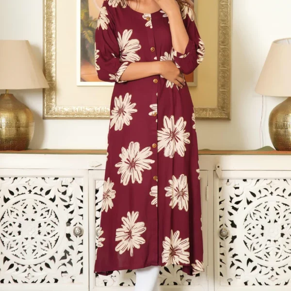 Maroon Printed Rayon Kurti in Flattering A-Line Fit