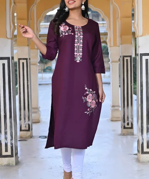 Purple Floral Embroidered Viscose Straight Kurti