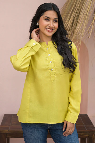 Bright Lemon Yellow Solid Cotton Top With Flowy A-Line Fit