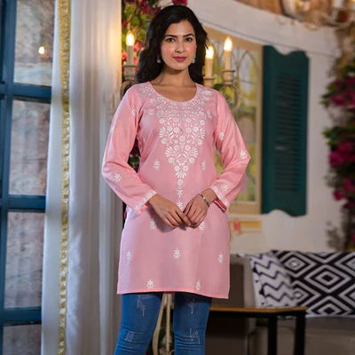 Peach Embroidered Rayon Straight Top