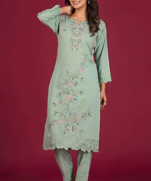 Pista Green Floral Embroidered Chanderi Top Bottom Set