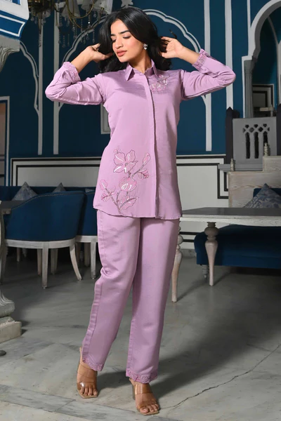 Mauve Floral Hand Work Embroidered Chanderi Co-Ord Set