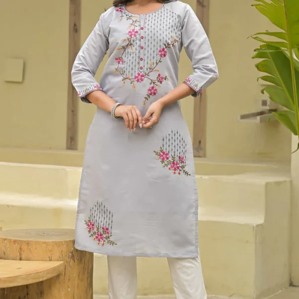 Grey Floral Embroidered Chanderi Straight Kurti With Handwork