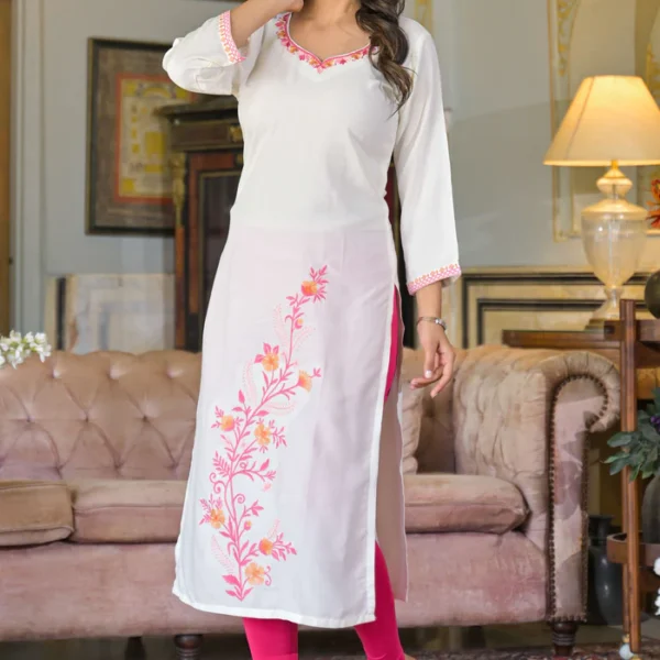 White Floral Embroidered Viscose Rayon Straight Kurti