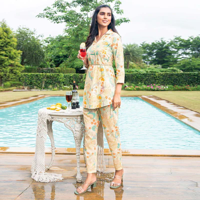 Cream & Orange Floral Printed Pure Cotton Co Ord Set