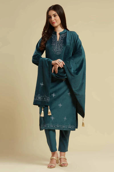 Rama Blue Embroidered Velvet Straight Salwar Suit