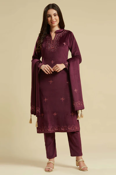 Wine Embroidered Velvet Straight Salwar Suit