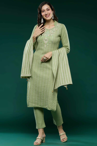 Green Woven Woolen Straight Salwar Suit