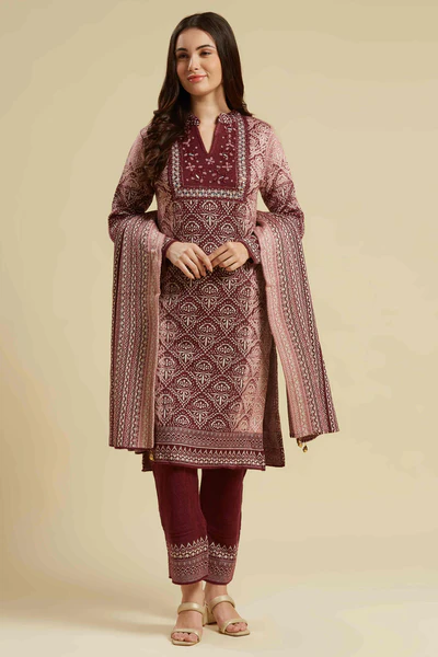 Wine Embroidered Woolen Straight Salwar Suit