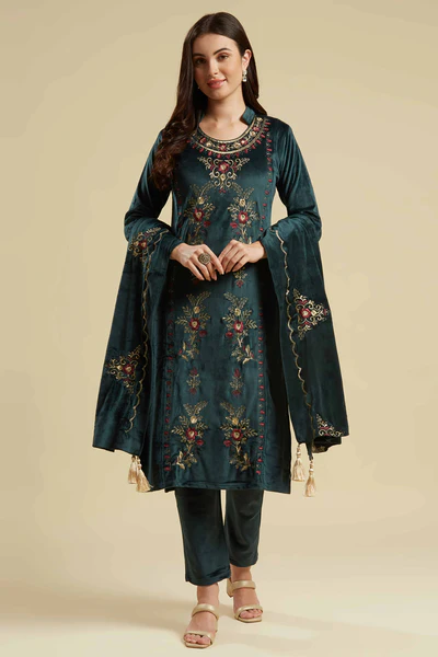 Rama Green Embroidered Velvet Straight Salwar Suit