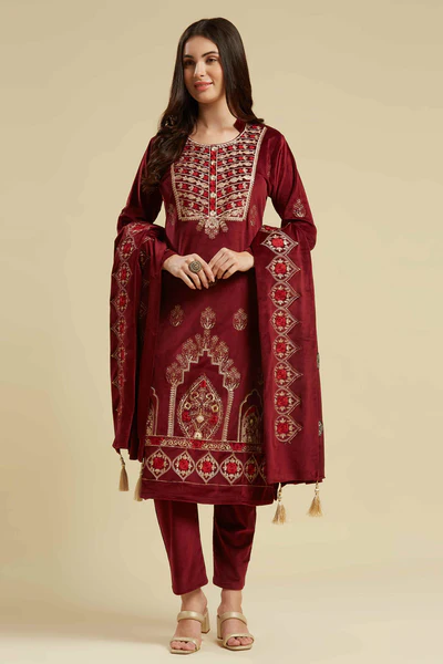 Maroon Embroidered Velvet Straight Salwar Suit