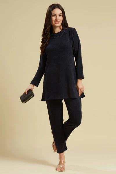 Navy Blue Woven Woolen A-Line Top Bottom Set