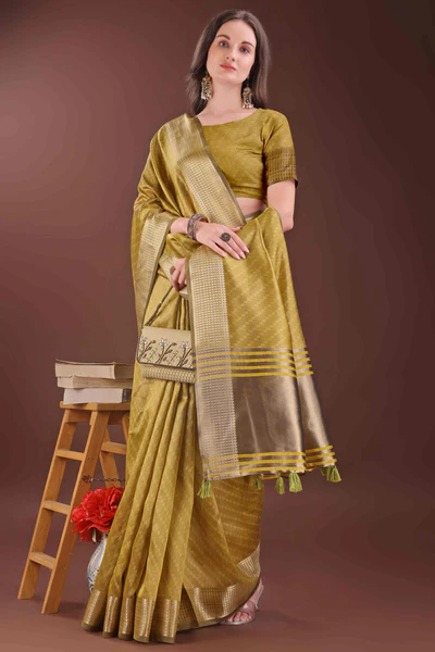 Mustard Zari Weaving Organza Saree With Tassel Border