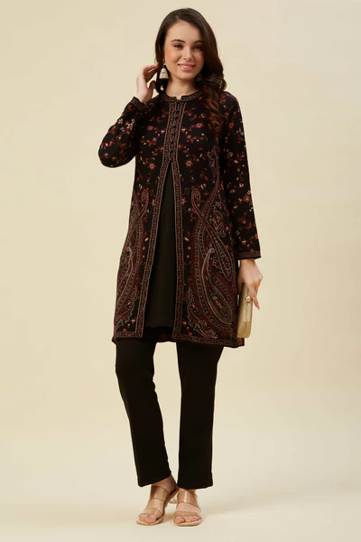 Black Woven Woolen Front Split Top Bottom Set