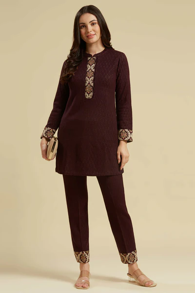 Wine Woven Woolen Straight Top Bottom Set
