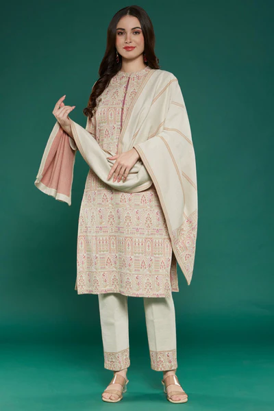Beige Floral Woven Woolen Straight Salwar Suit
