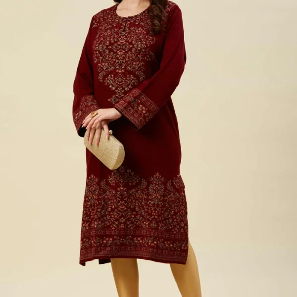 Maroon Floral Woven Woolen Straight Kurti