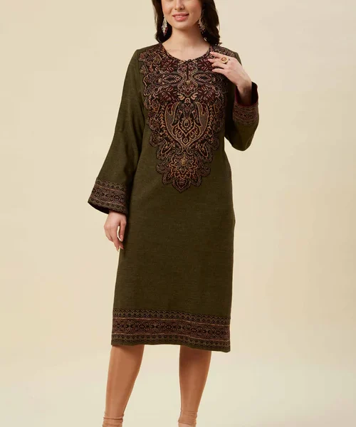 Olive Embroidered Woolen Straight Kurti