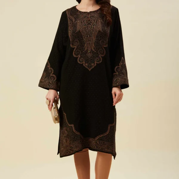 Black Floral Woven Woolen Straight Kurti