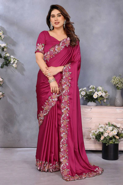 Rose Pink Satin Saree with Artistic Floral Embroidery and Soft Resham Detailing