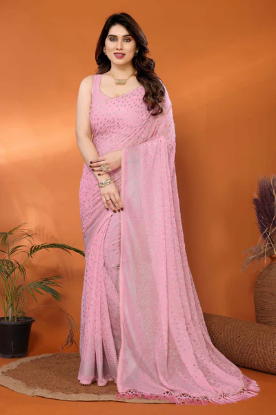 Rose Pink Foil Printed Georgette Saree