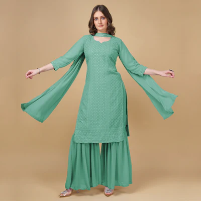 Green Embroidered Georgette Kurti Sharara Suit