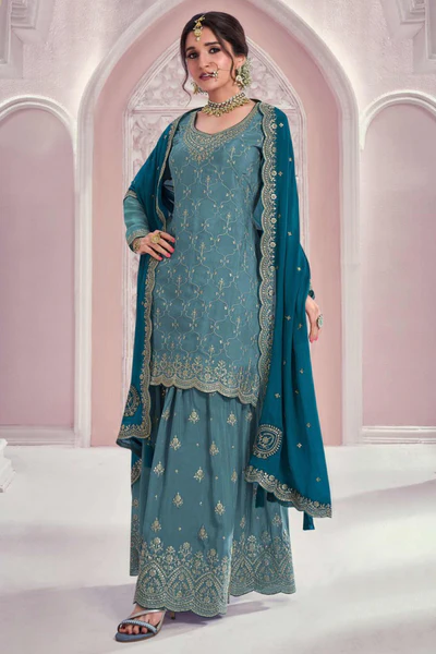 Blue Sequins Embroidered Chinon Sharara Suit