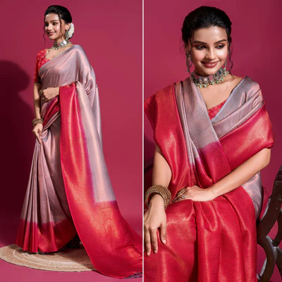 Purple & Pink Woven Kanjivaram Silk Saree With Tassels