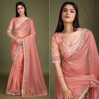 Peach Sequins Embroidery With Mirror Handwork Twill Net Saree